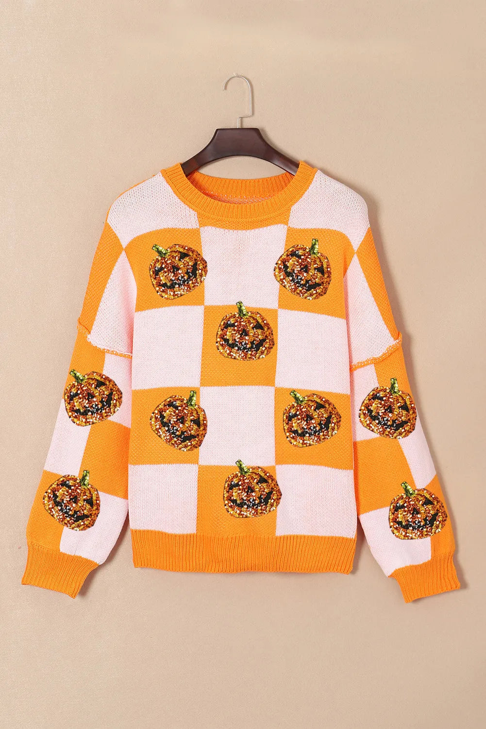 Pumpkin Checkered Round Neck Sweater -