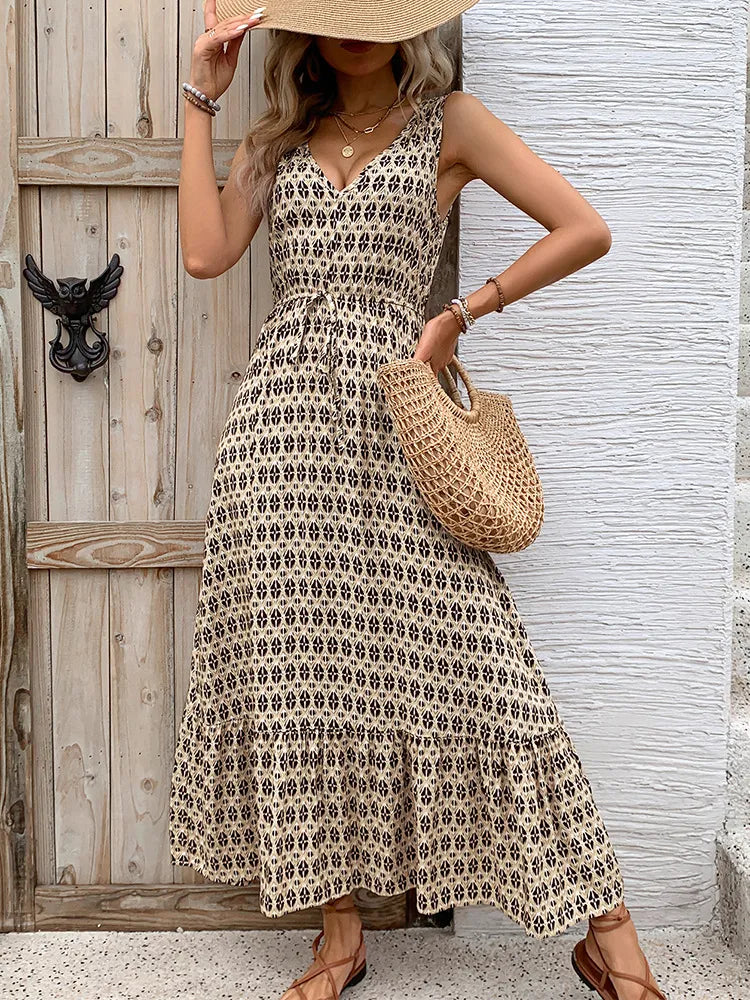 Printed V-Neck Tie Waist Midi Dress - Tan