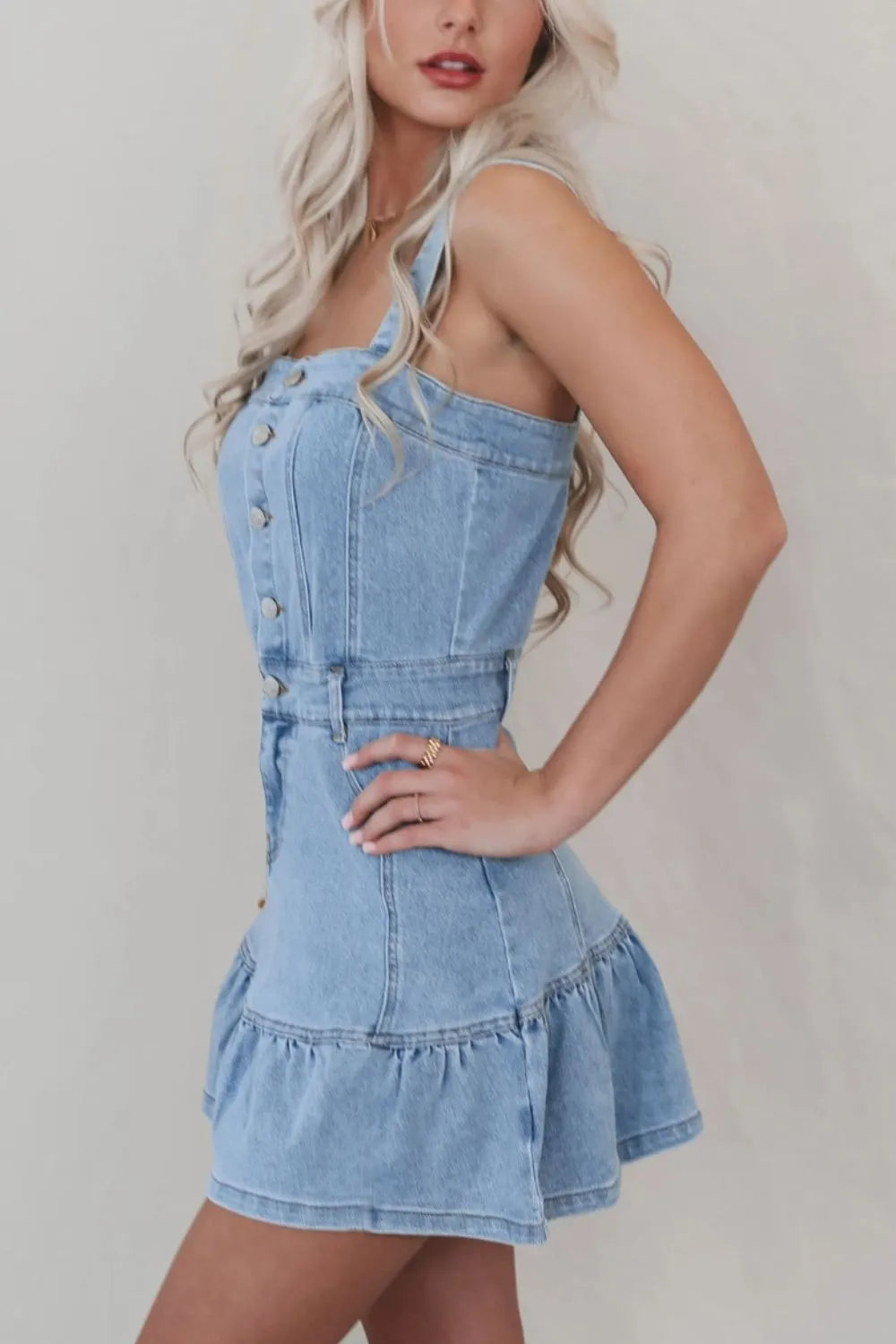 Hem Button Front Square Neck Denim Dress -