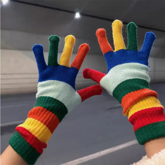 Colorful Striped Knitted Gloves - Rainbow One Size