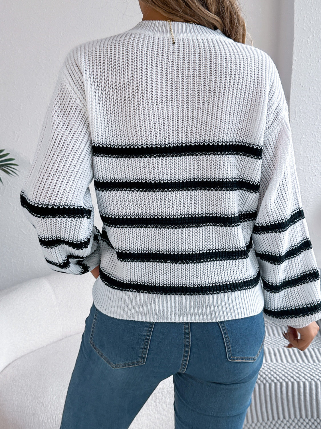 Striped Round Neck Long Sleeve Sweater - White