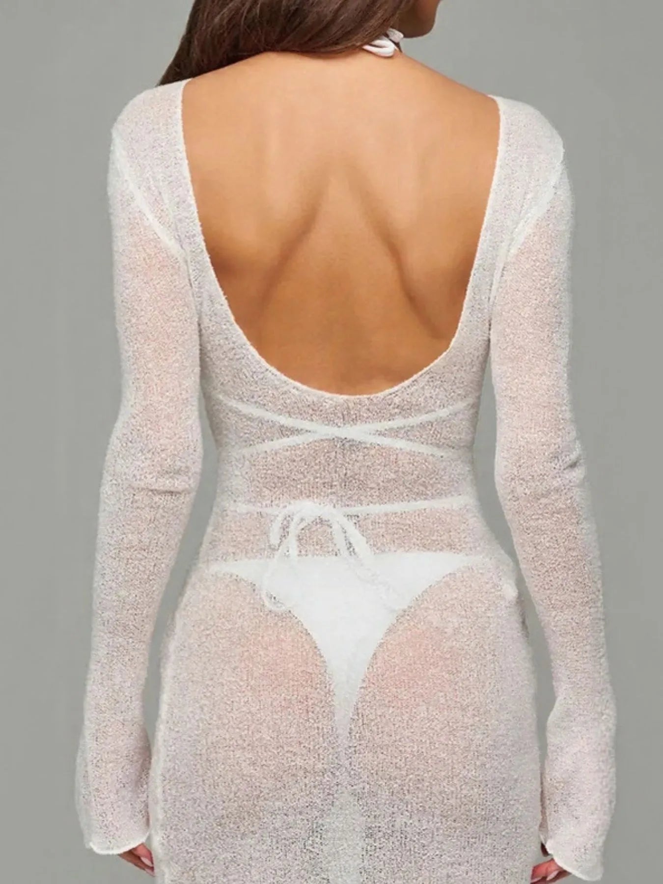 Sheer Backless Long Sleeve Mini Cover-Up Dress -