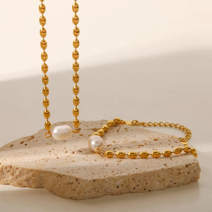 Pearl and Gold Chain Jewelry Set with Necklace and Bracelet -