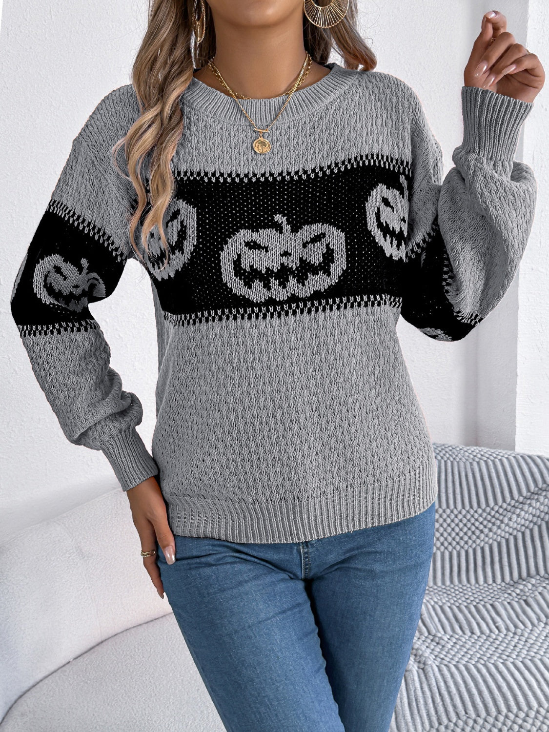 Pumpkin Round Neck Long Sleeve Sweater - Gray