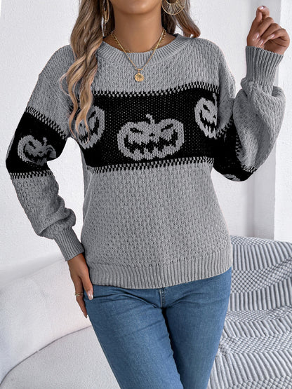 Pumpkin Round Neck Long Sleeve Sweater - Gray