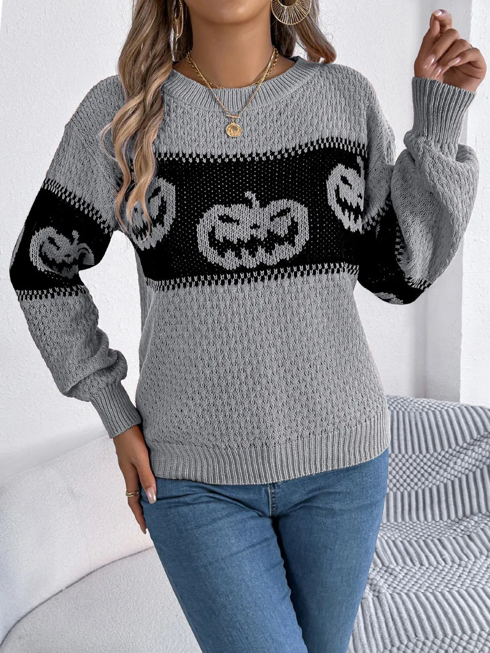 Pumpkin Round Neck Long Sleeve Sweater - Gray