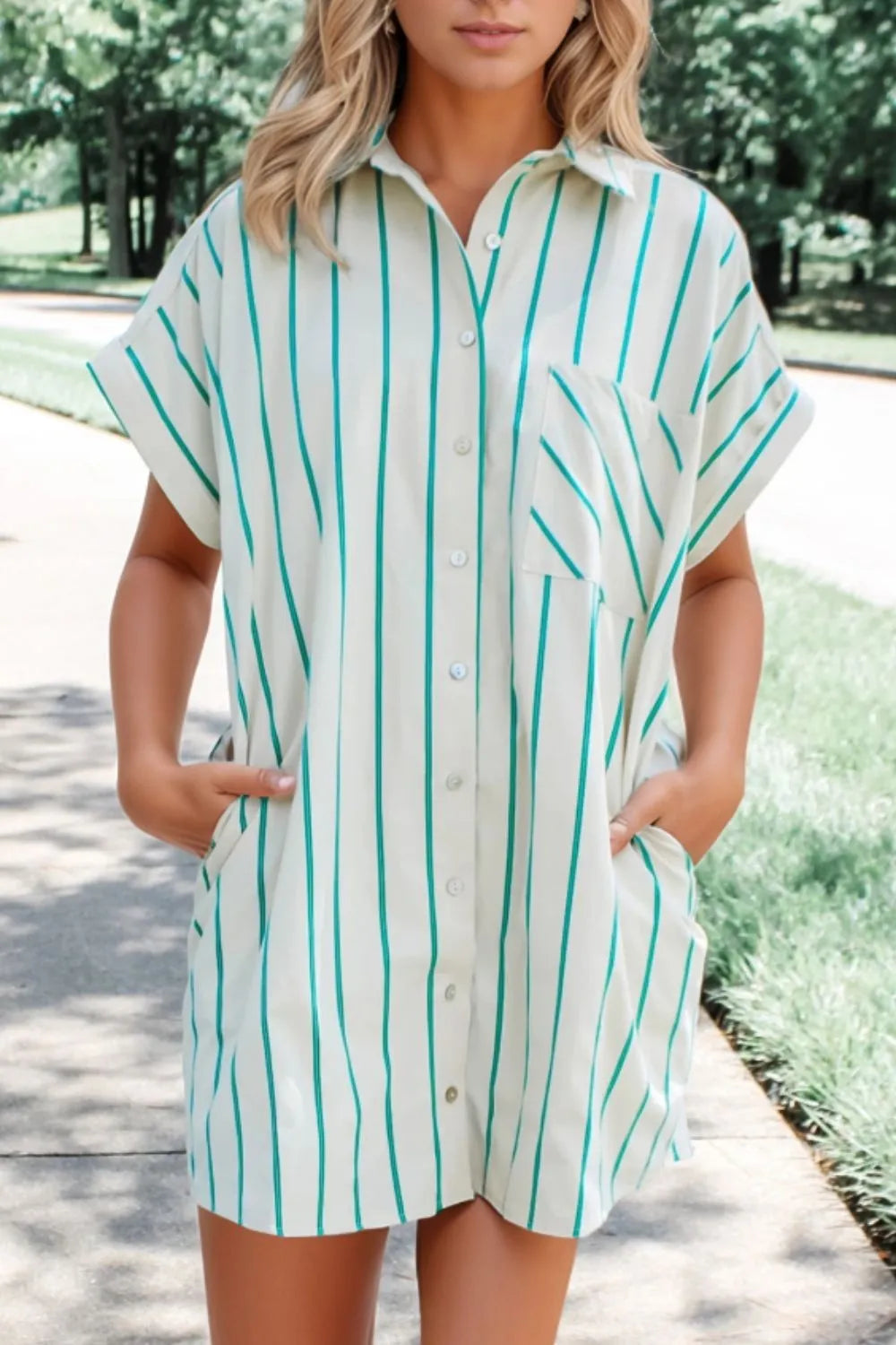 Striped Wide Shift Mini Shirt Dress - White Green