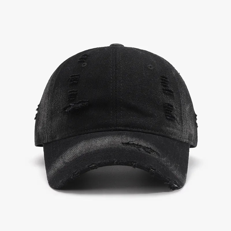 Distressed Adjustable Cotton Baseball Cap - Black One Size