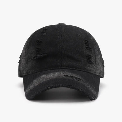 Distressed Adjustable Cotton Baseball Cap - Black One Size