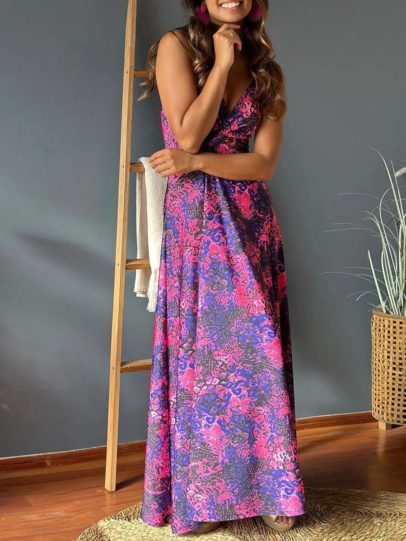 Tropical Print V-Neck Maxi Dress -