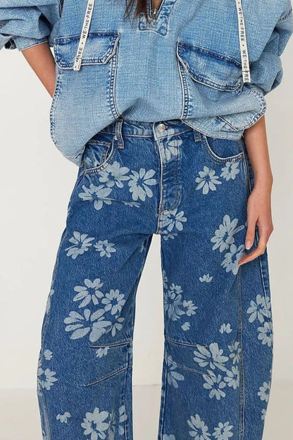 Flower Print Wide Leg Jeans -