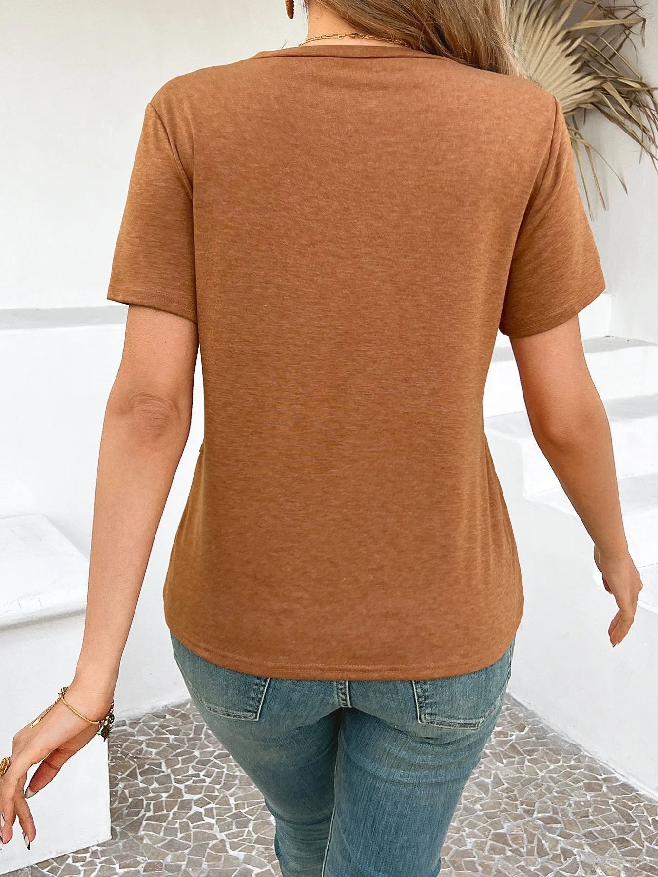 Cross Line Detail Round Neck T-Shirt - Orange