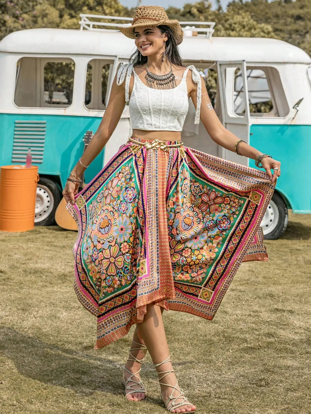 Printed High Waist Handkerchief Hem Skirt -