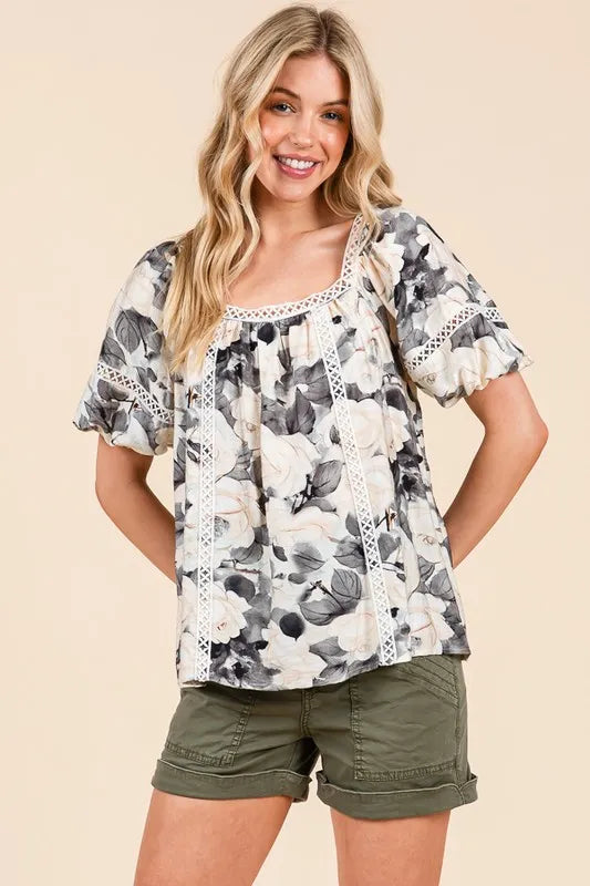 Floral Print Lace Trim Puff Sleeve Blouse -