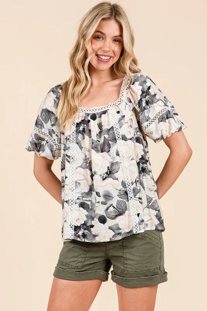 Floral Print Lace Trim Puff Sleeve Blouse -