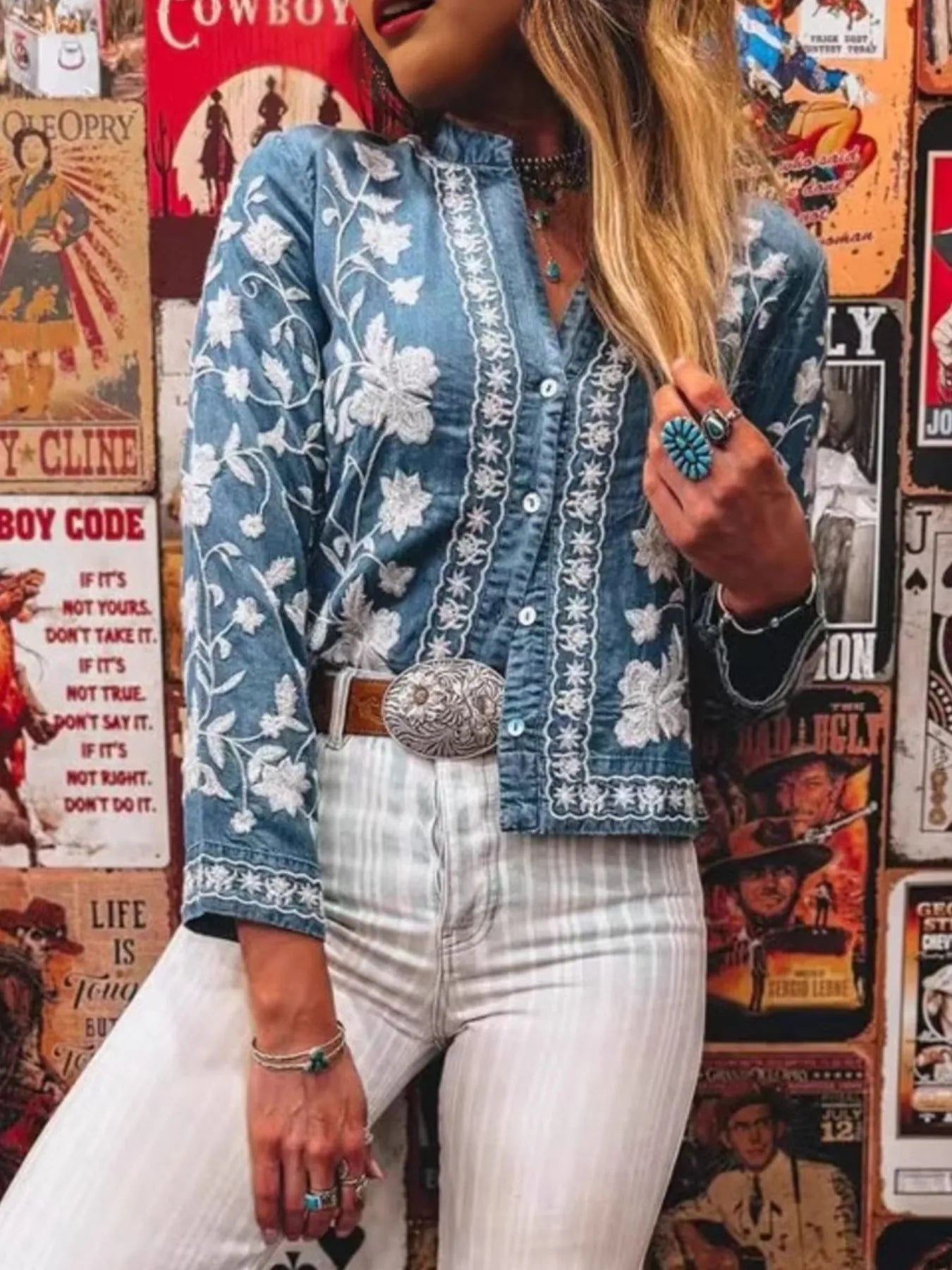 Floral Embroidered Button Up Denim Shirt -