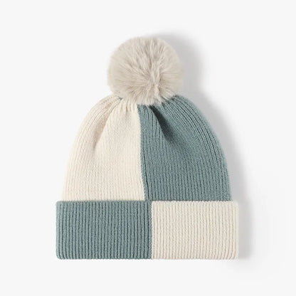 Color Block Knit Hat with Pom-pom - Teal One Size