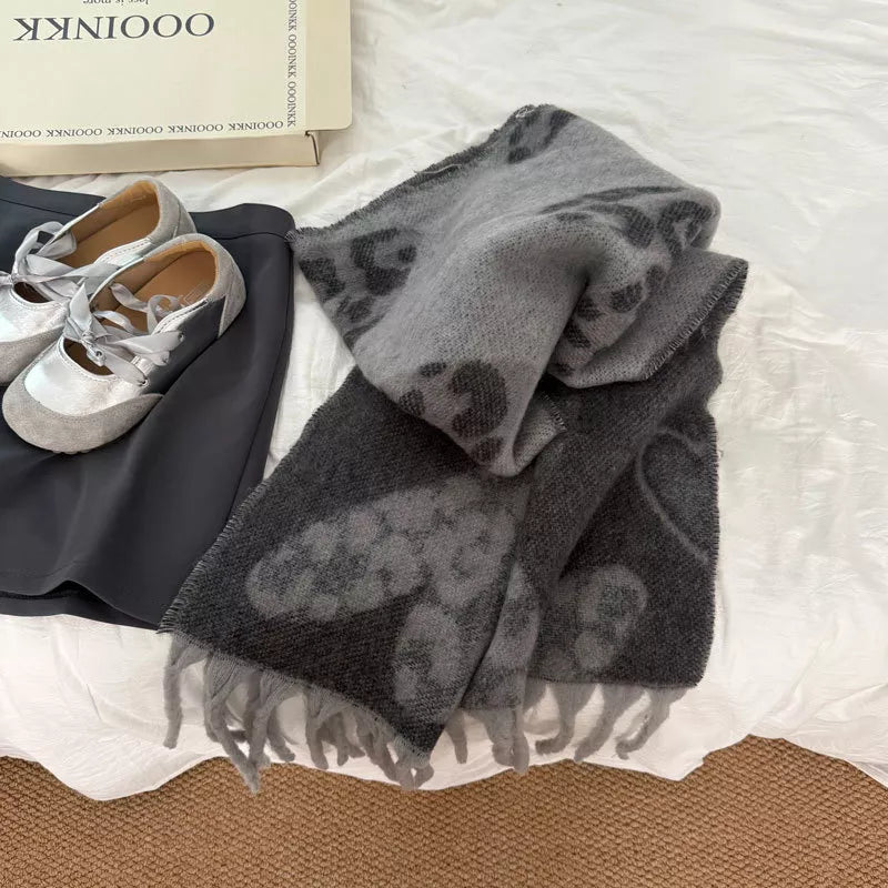 Leopard Heart Warm Scarf - Gray One Size