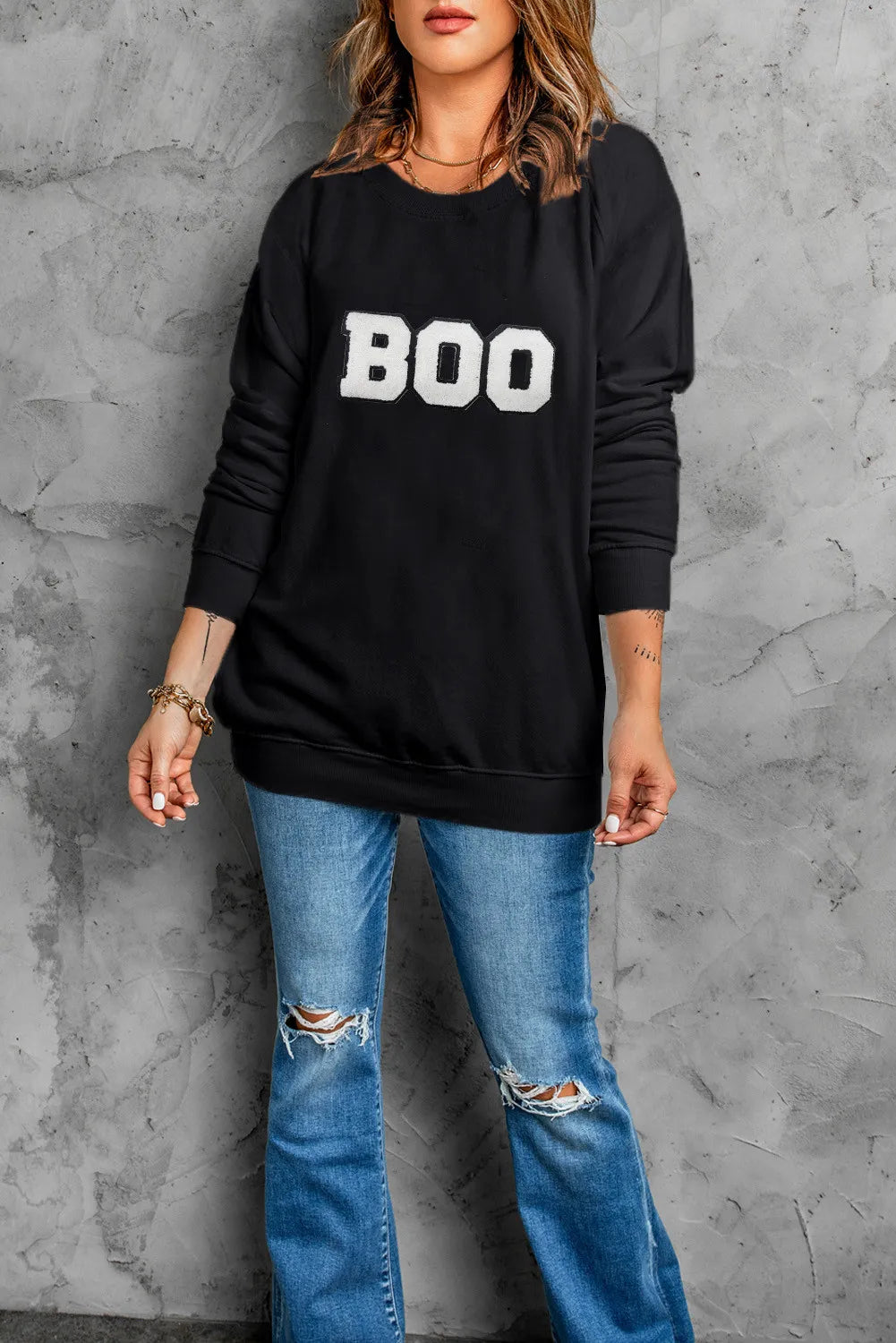 BOO Round Neck Long Sleeve Sweatshirt - Black