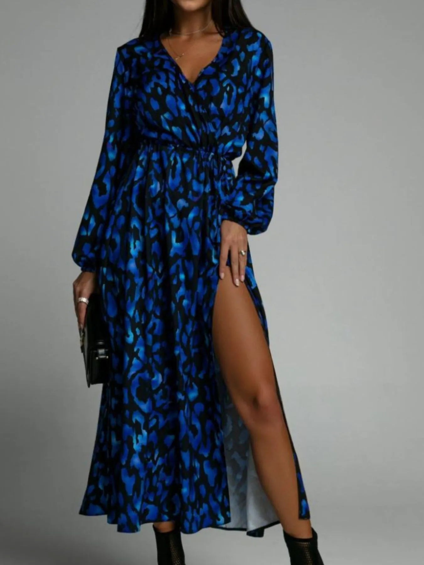 Printed Surplice Long Sleeve Midi Dress - Blue