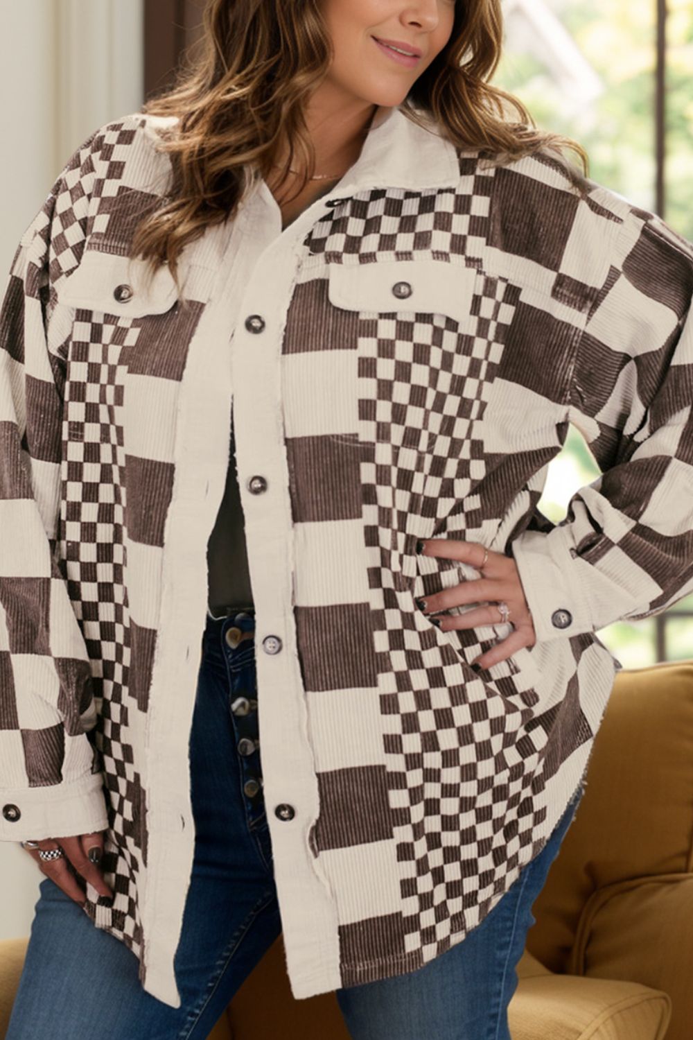 Plus Size Checkered Button Up Long Sleeve Jacket - Chocolate