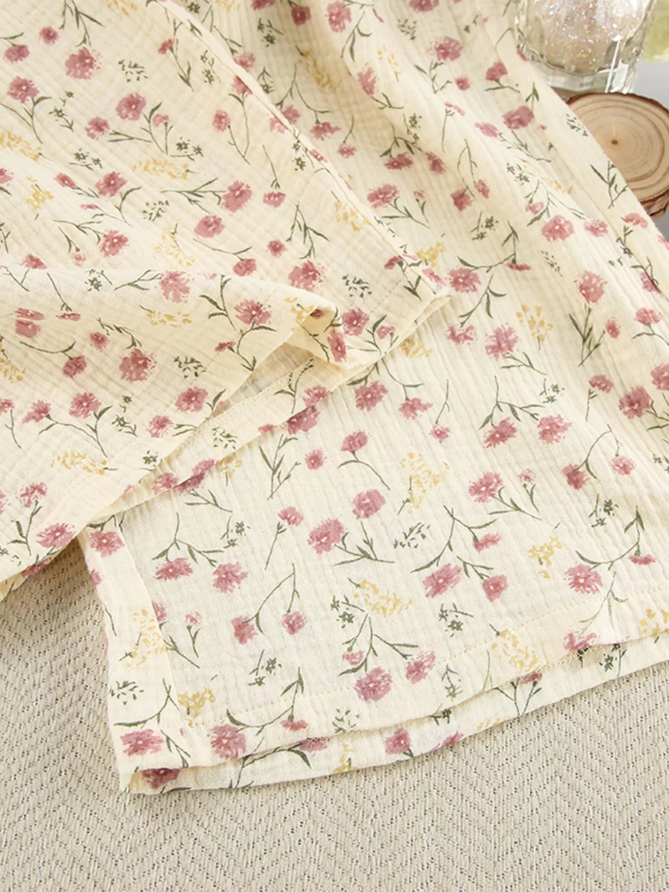 Floral Print Button-Down Top and Pants Lounge Set -