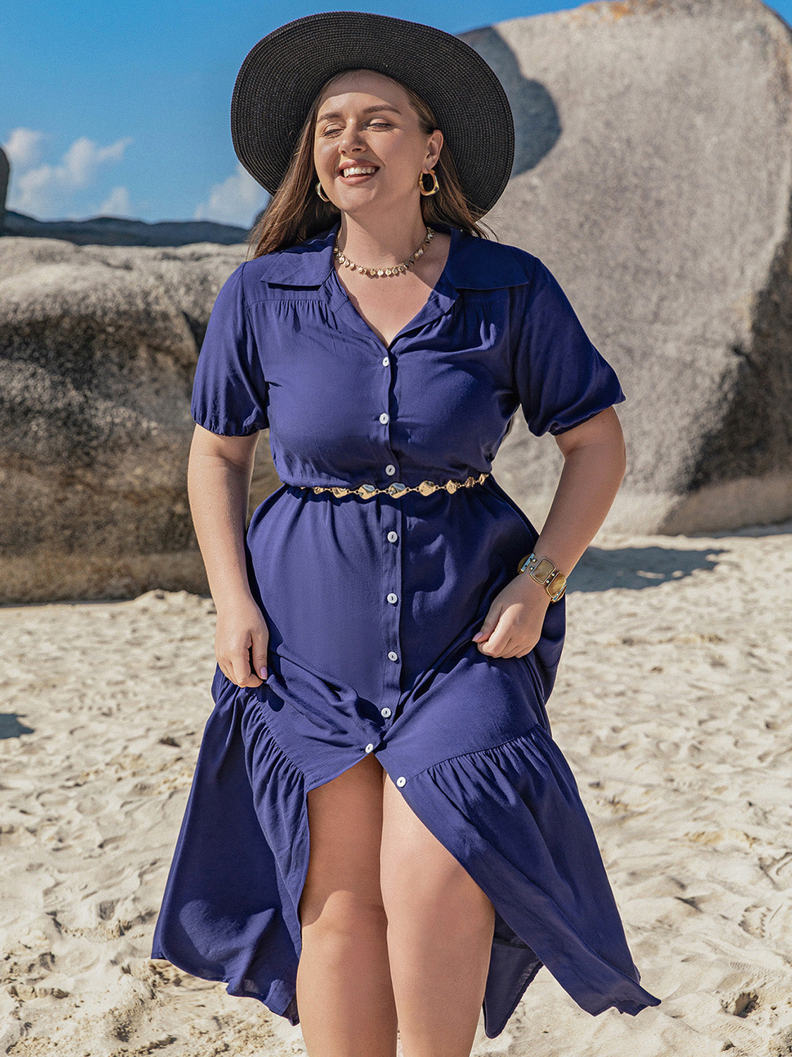 Plus Size Collared Neck Short Sleeve Midi Dress - Dark Blue