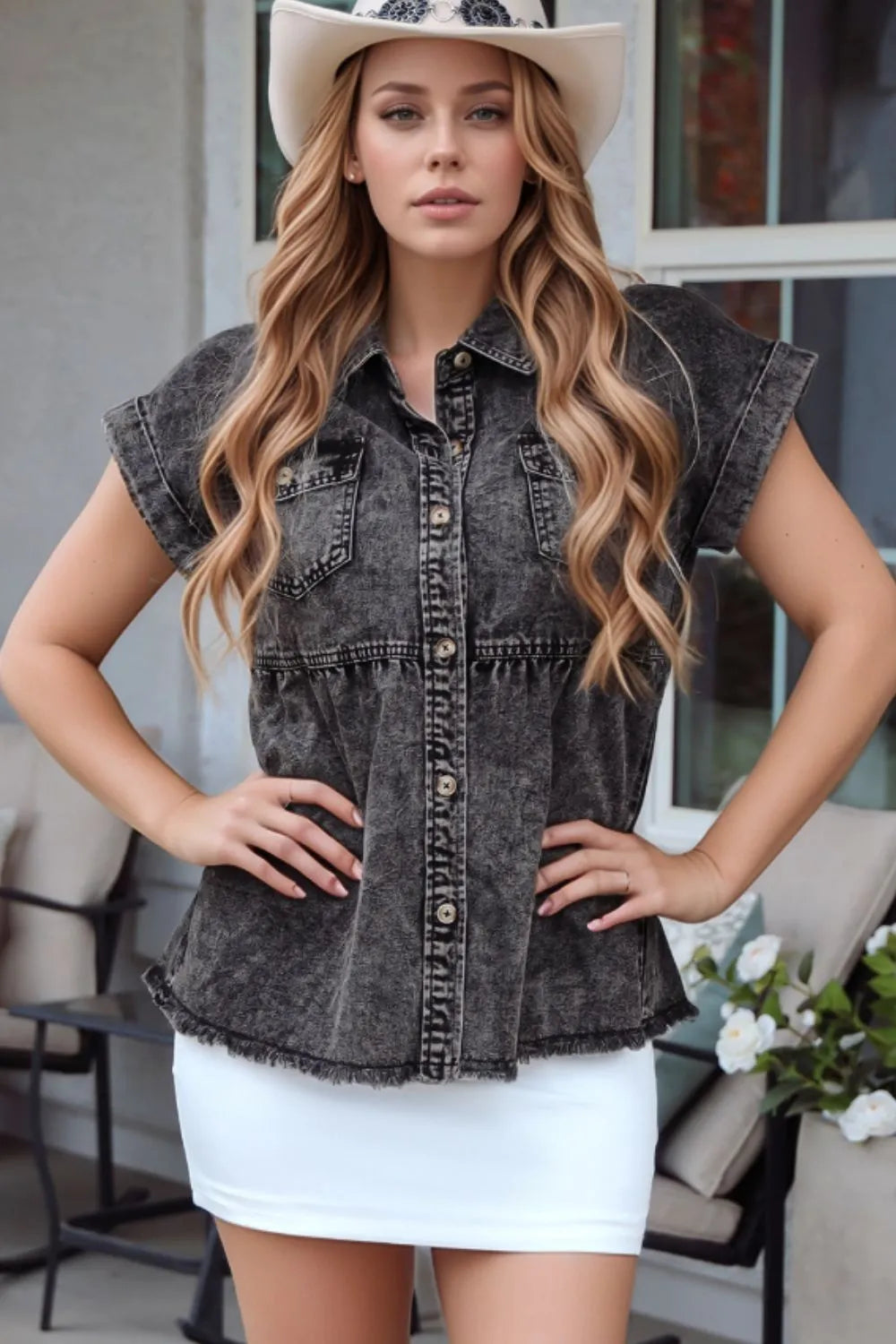 Flap Pocket Button Up Denim Shirt - Black