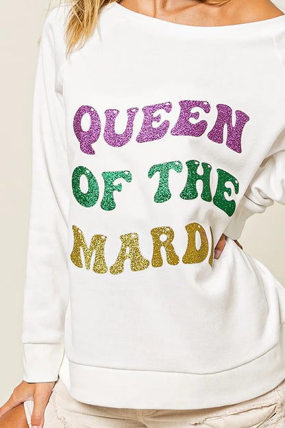 BiBi Queen Of Mardi Glitter Print Mardi Gras Sweatshirt -