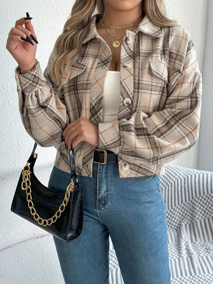 Plaid Button Up Long Sleeve Jacket - Dust Storm