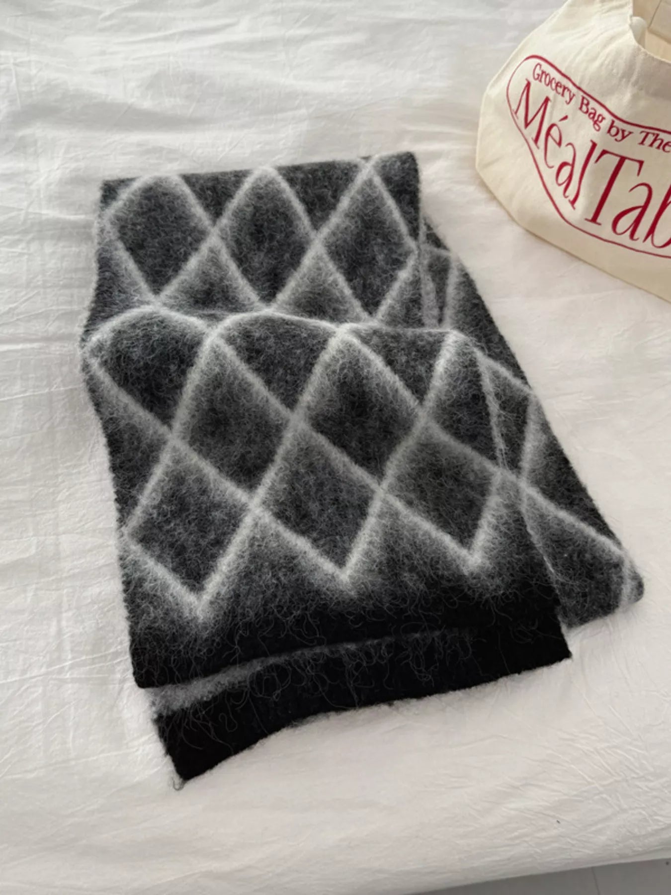 Diamond Pattern Fuzzy Knit Scarf - Black One Size