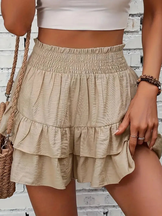 Smocked Layered Shorts - Khaki
