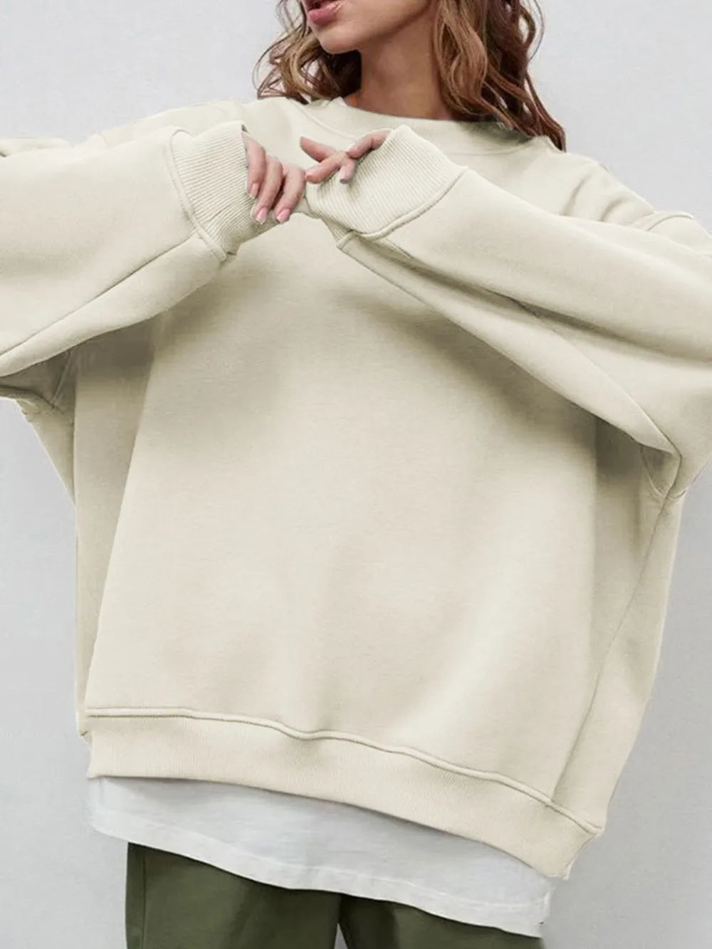 Round Neck Dropped Shoulder Long Sleeve Sweatshirt -