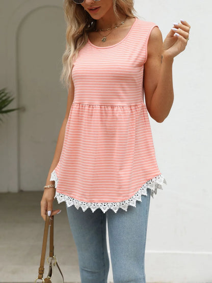 Lace Trim Sleeveless Babydoll Tank Top - Red