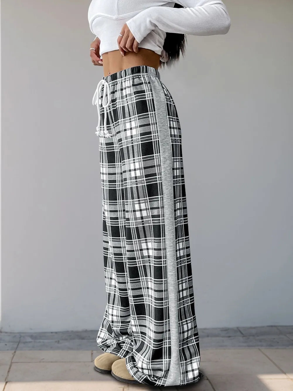 Drawstring Plaid Wide Leg Pants -