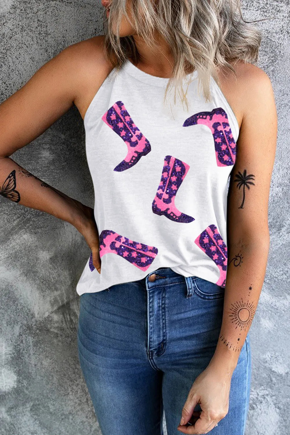 Sequin Boots Print Round Neck Tank - White