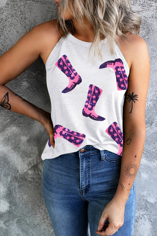 Sequin Boots Print Round Neck Tank - White