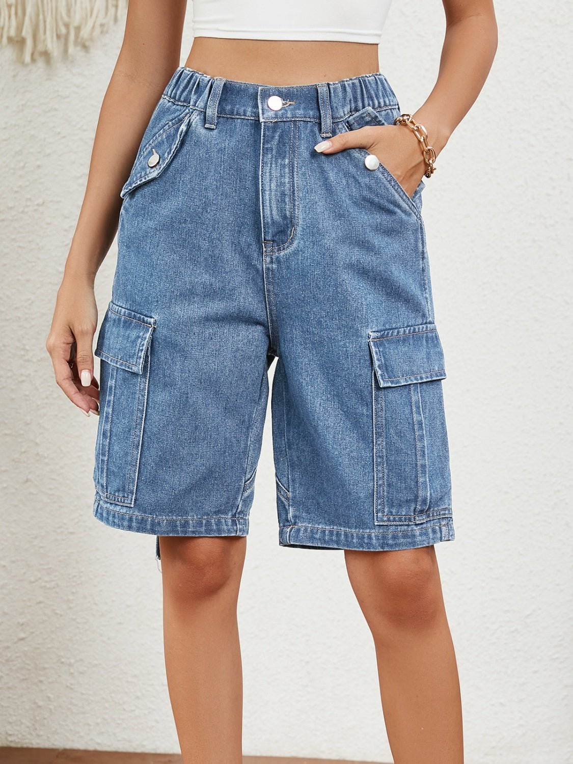 High Waist Denim Shorts with Pockets - Medium