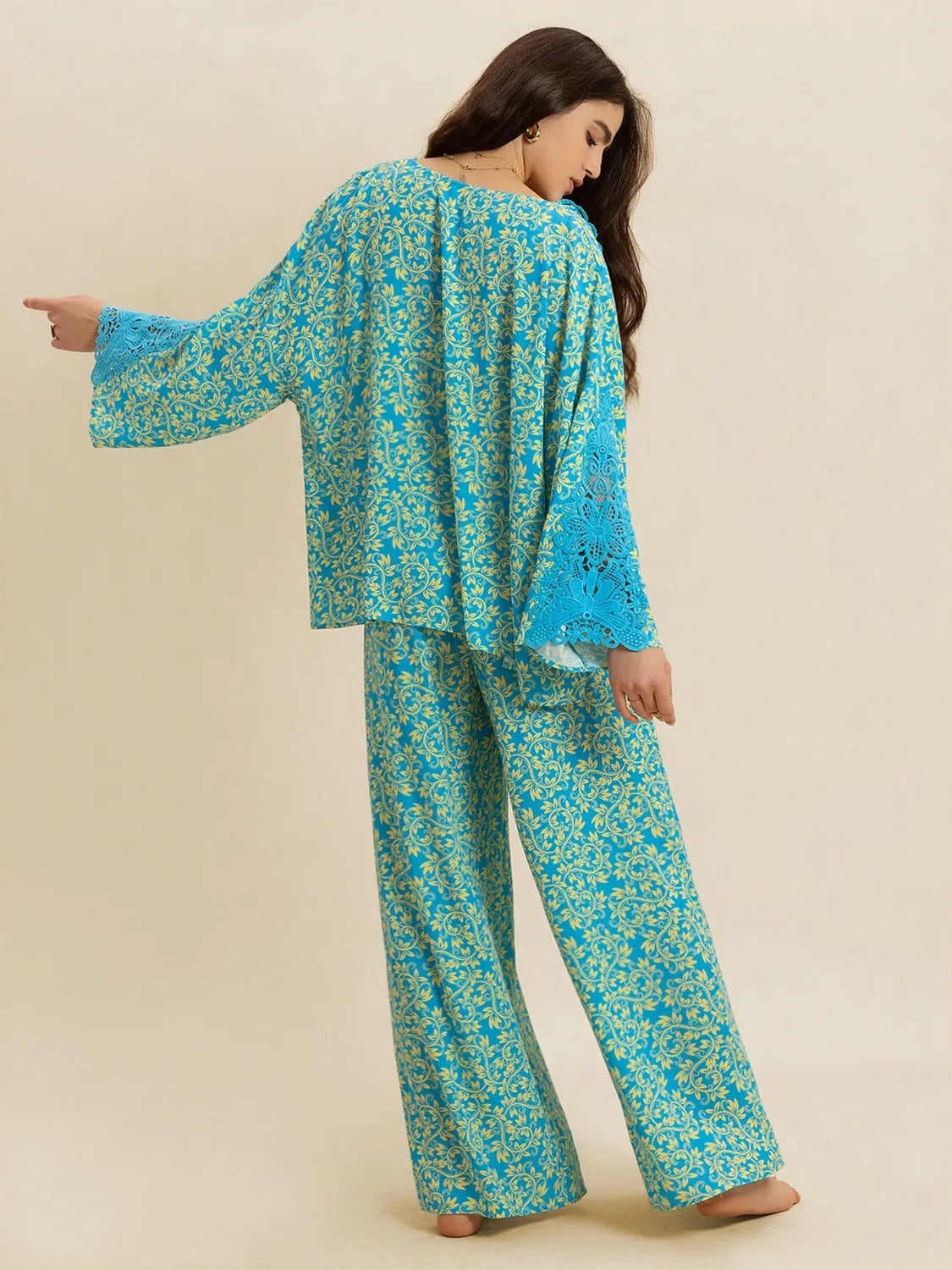 Open Front Printed Top and Pants Set - Teal