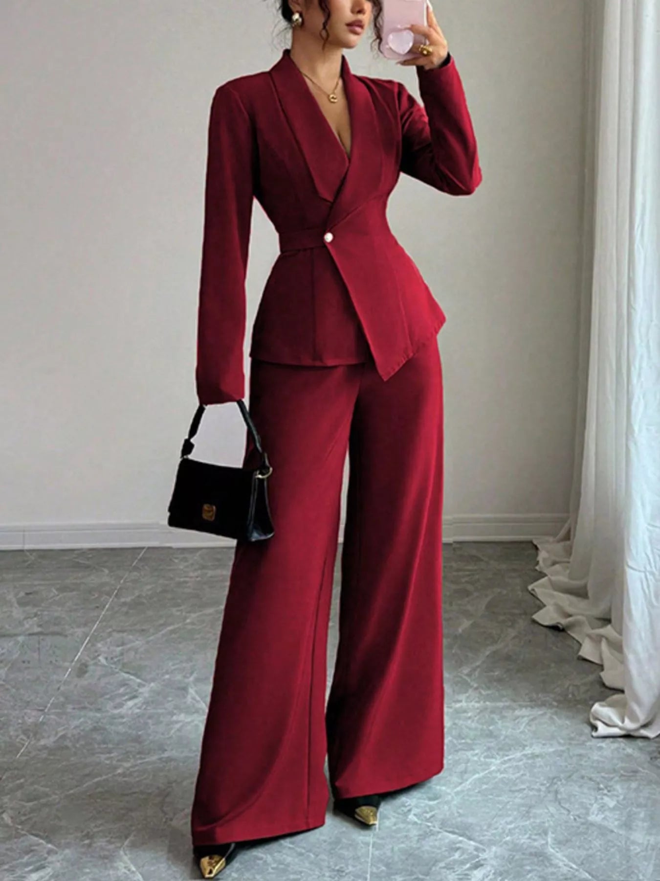 One Button Blazer and Pants Set - Red