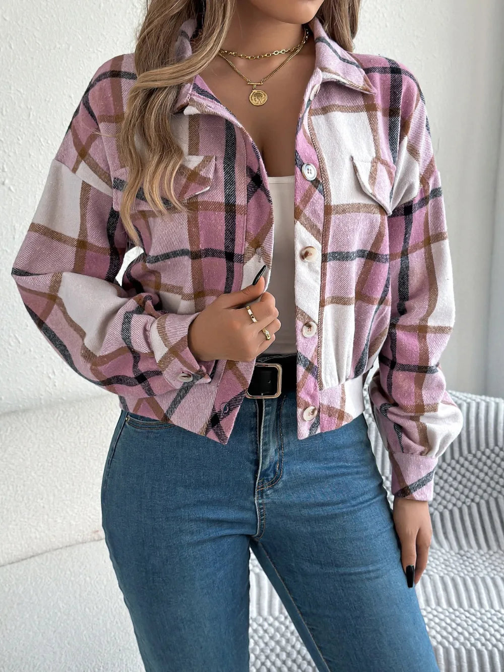 Plaid Button Up Long Sleeve Jacket - Dusty Pink
