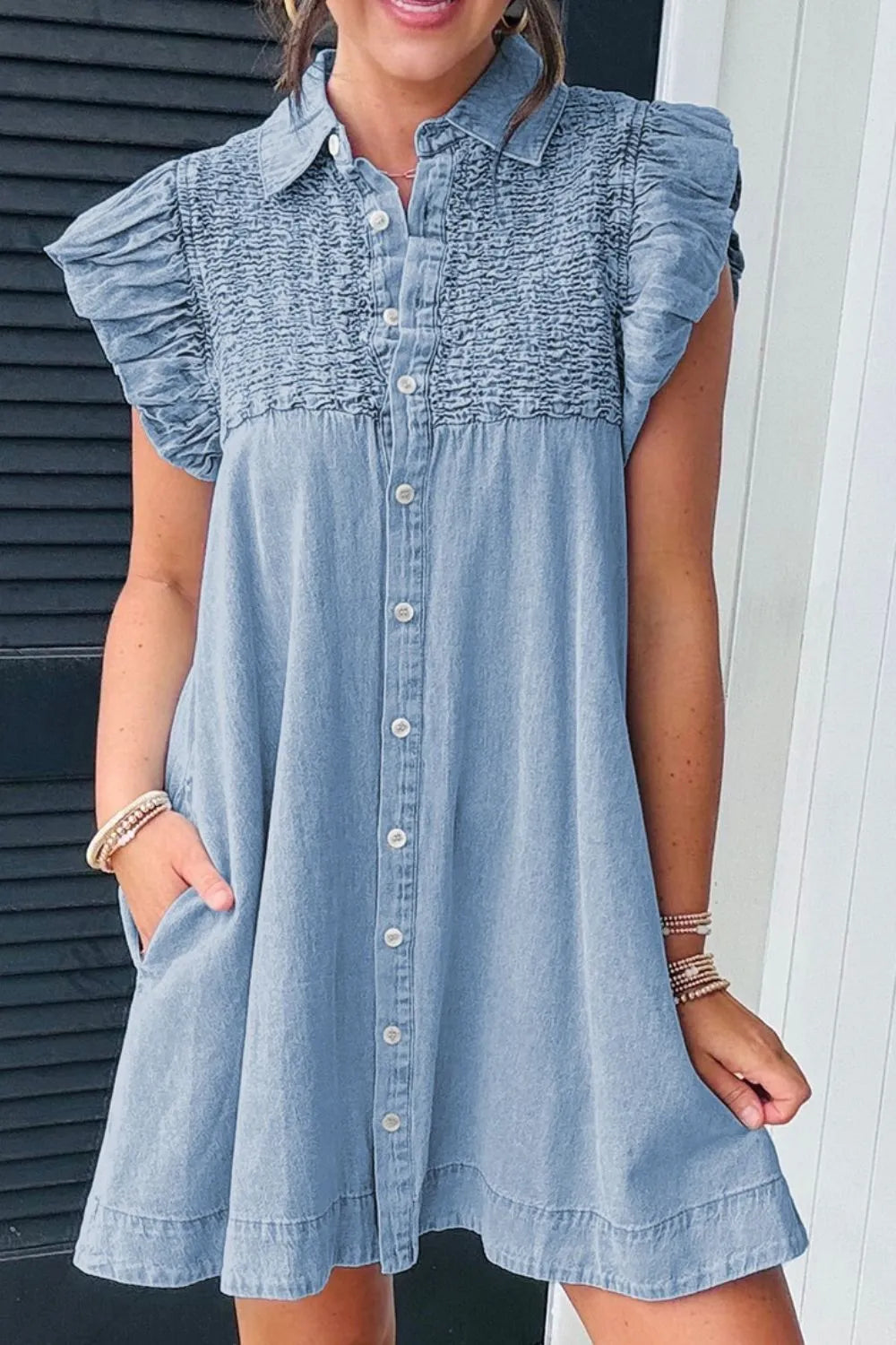 Smocked Collared Neck Cap Sleeve Denim Dress -