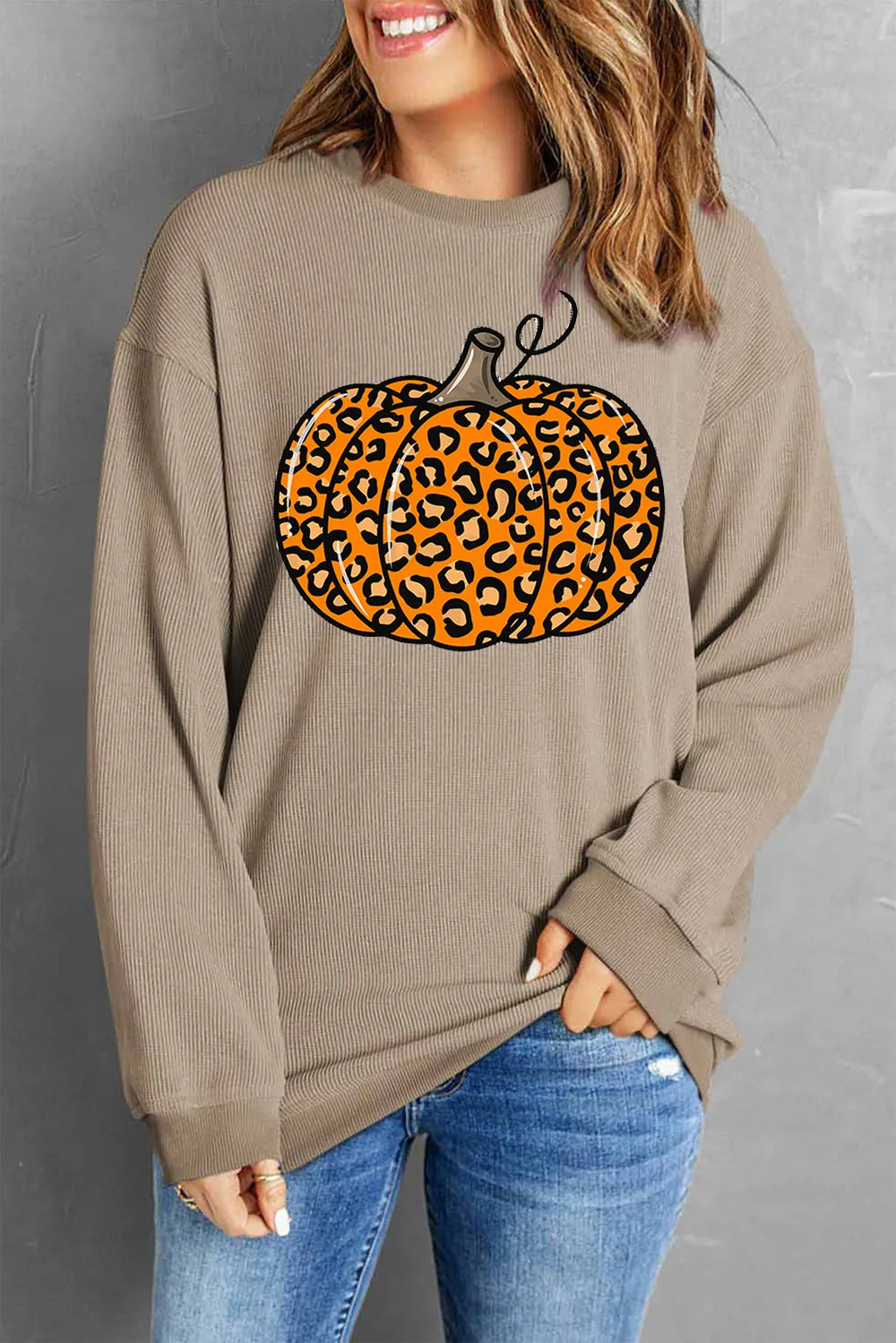 Pumpkin Round Neck Long Sleeve Sweatshirt - Khaki