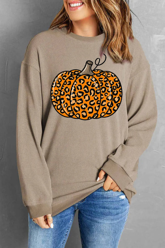 Pumpkin Round Neck Long Sleeve Sweatshirt - Khaki