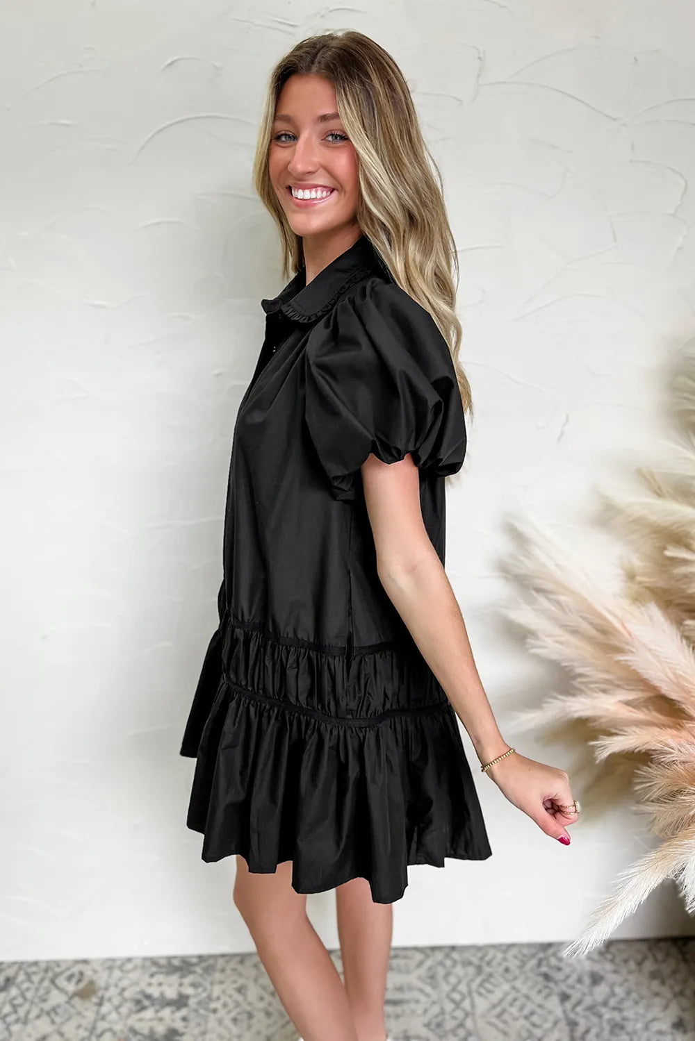 Button Down Puff Sleeve Ruffle Hem Dress -