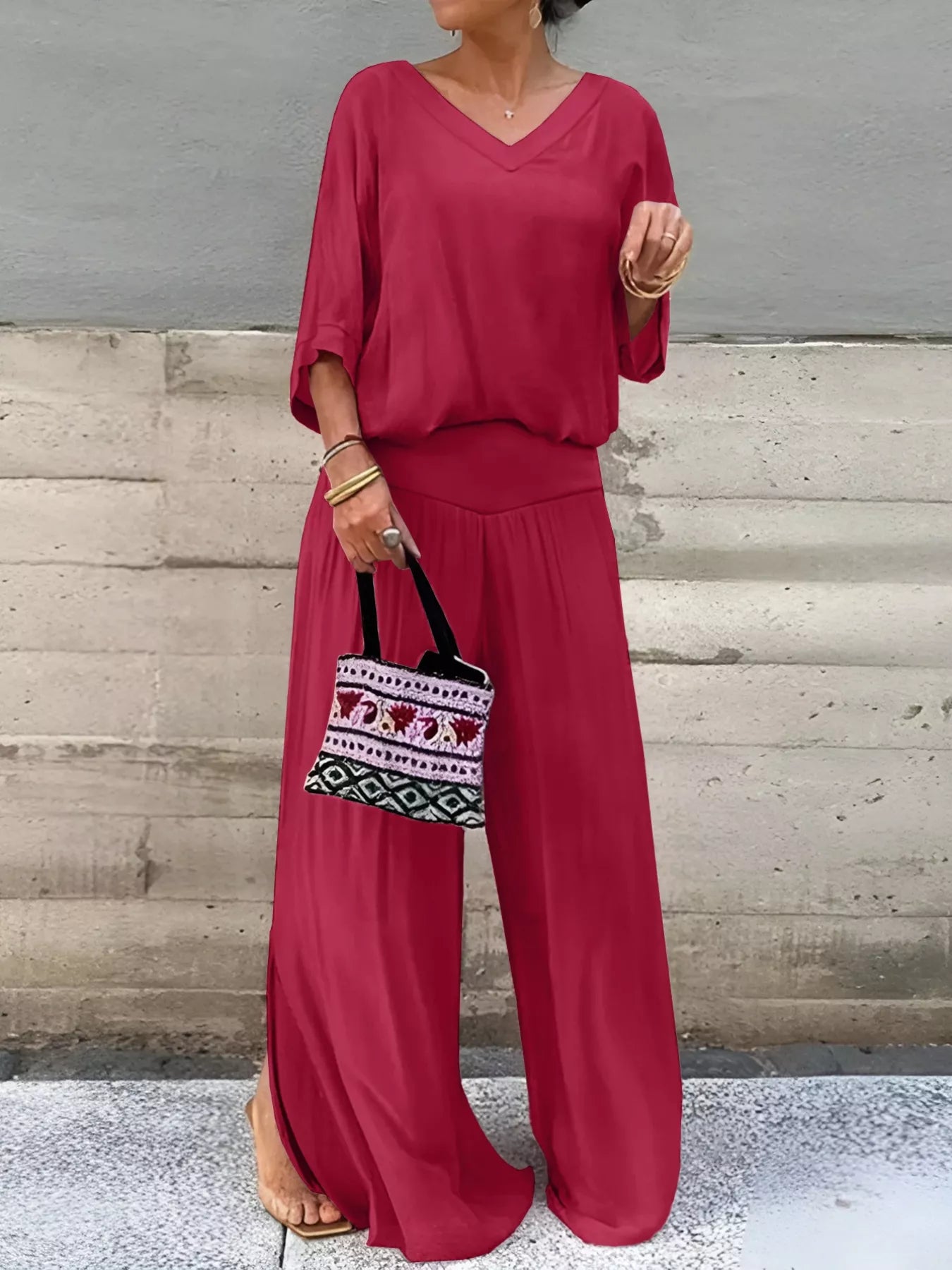 V-Neck Top and Wide Leg Pants Two-Piece Set - Deep Red