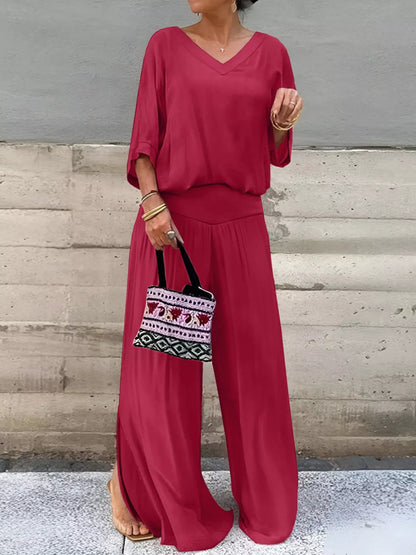 V-Neck Top and Wide Leg Pants Two-Piece Set - Deep Red