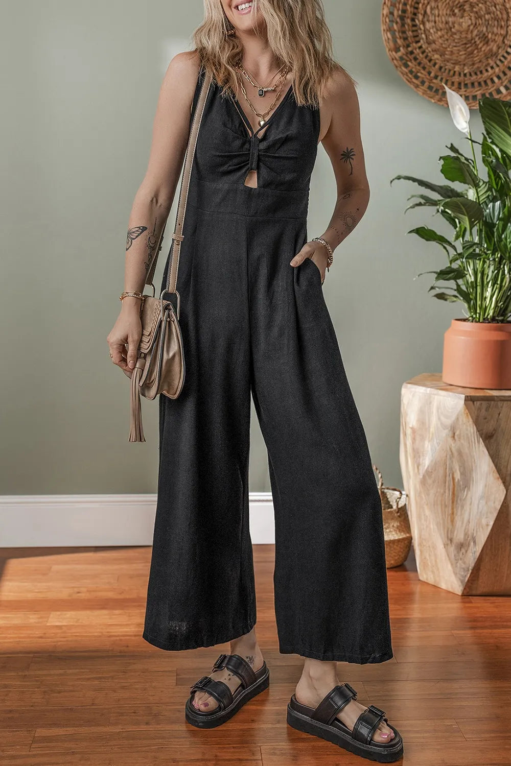 Front Cut Out Wide Leg Jumpsuit - Black