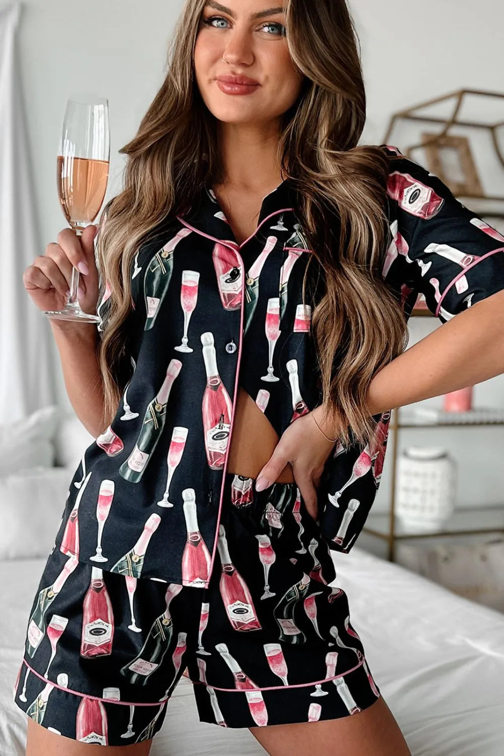 Champagne Print Short Sleeve Top and Shorts Set -