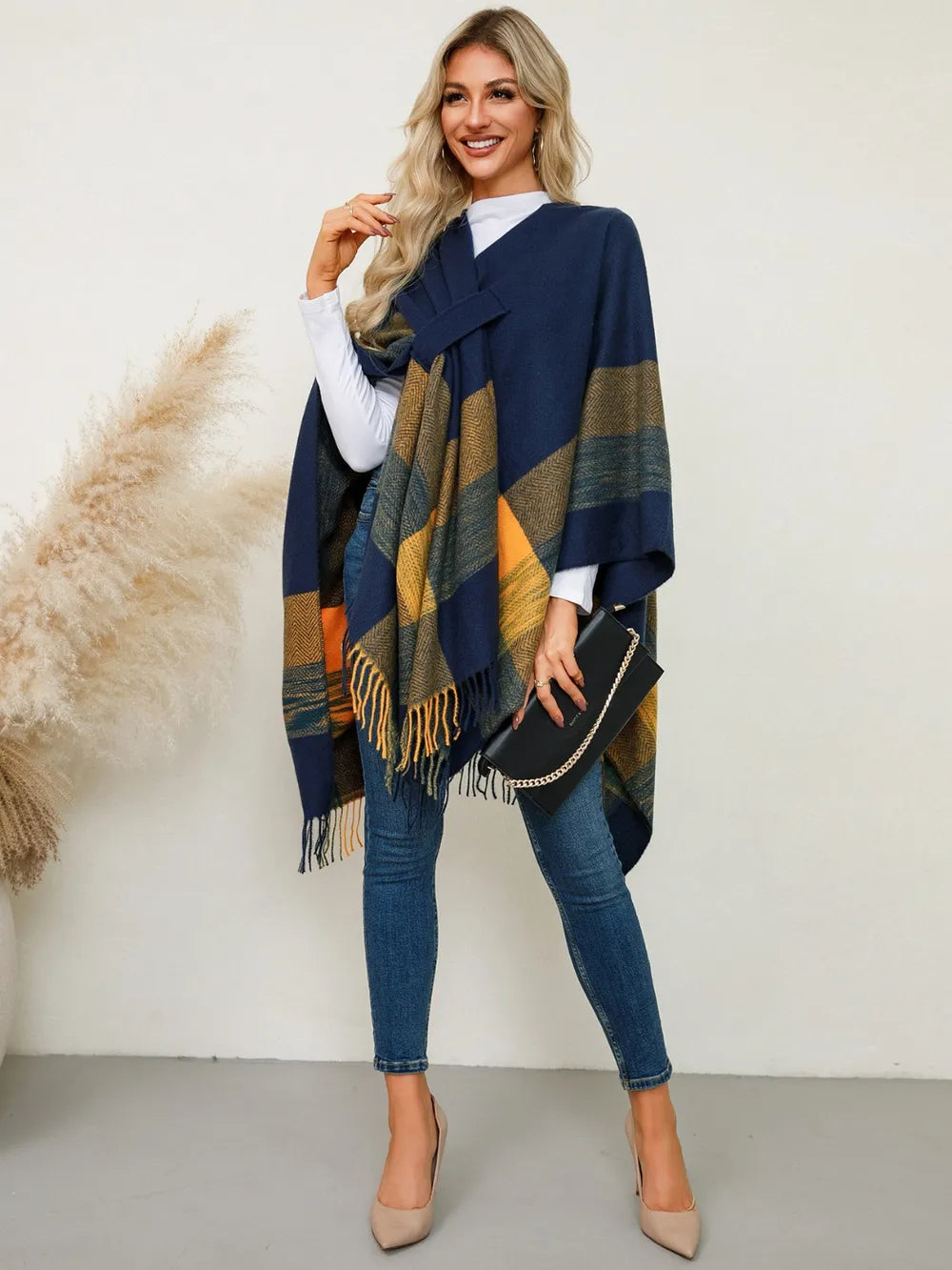 Fringe Contrast Plaid Poncho - Navy One Size